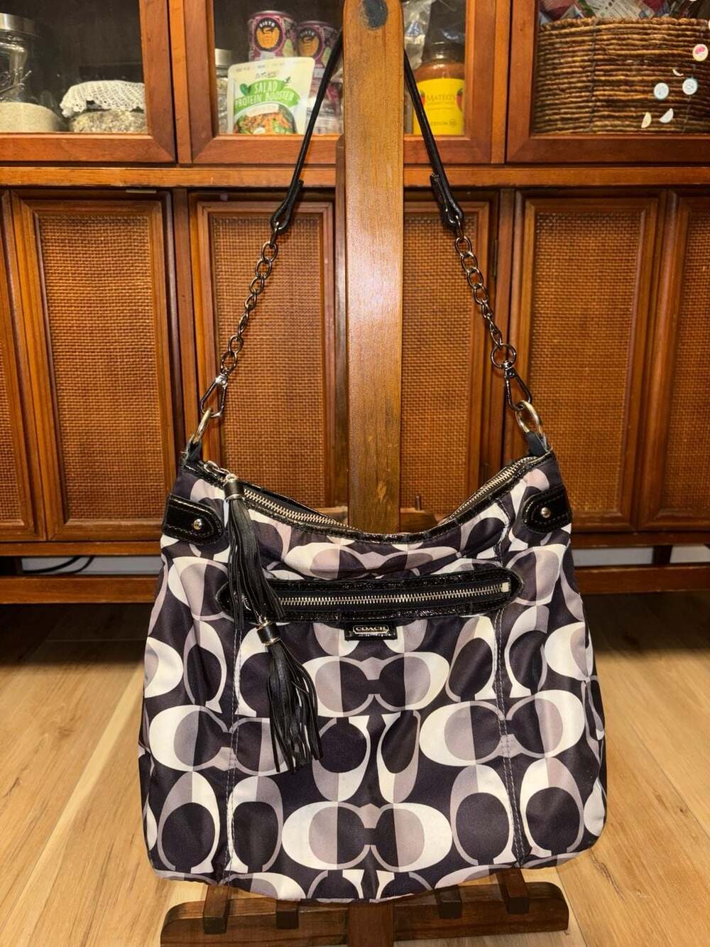 Coach Signature Monogram Nylon Hobo Bag Black Grey